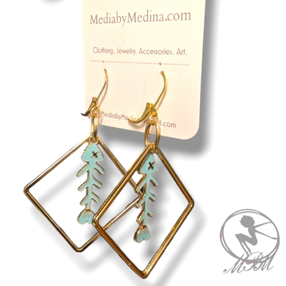 MBM Enamel Fishbone Charm Earrings. Handmade - Picture 2 of 2